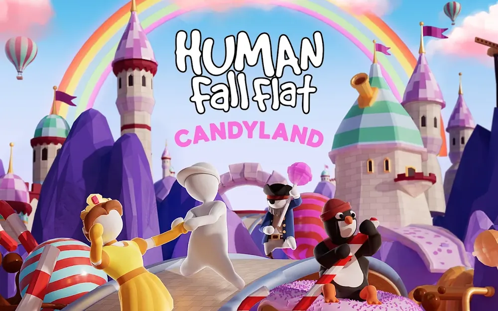Cartaz do nível Candyland: castelos cor-de-rosa, arco-íris e personagens vestidas de doces
