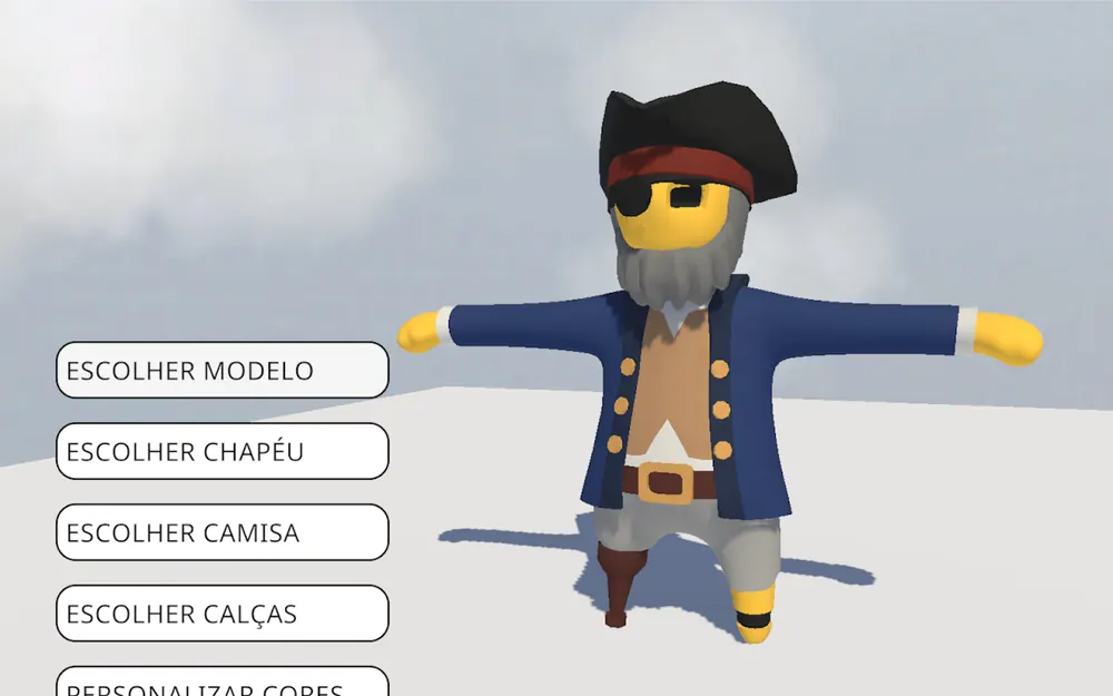 Menu de personalização com o boneco vestido de pirata e a lista de peças em português