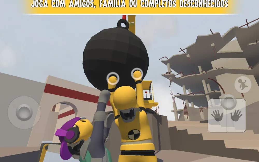 Dois bonecos a escalar um andaime numa zona de obras, com o aviso de jogo em grupo por cima
