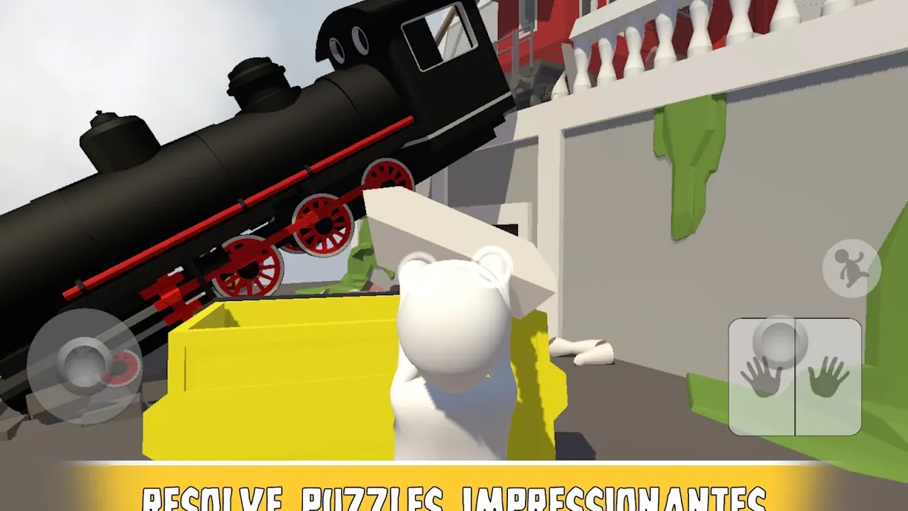 Bob a tentar empurrar um vagão amarelo junto a uma locomotiva preta, com os botões das mãos no canto