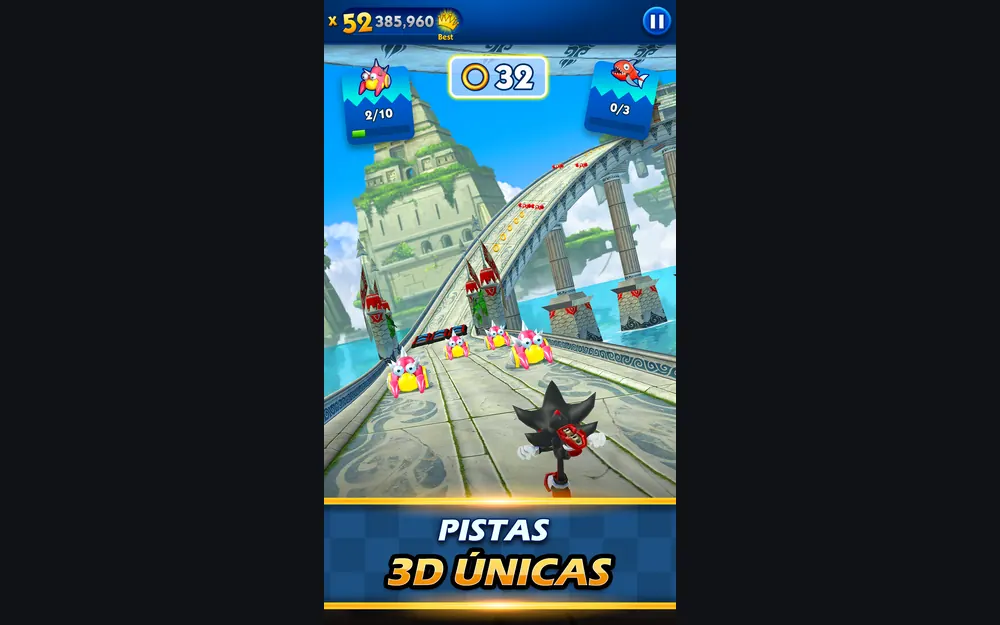 Pista suspensa sobre uma cidade antiga, com o Shadow a correr à frente e 32 anéis contados no topo