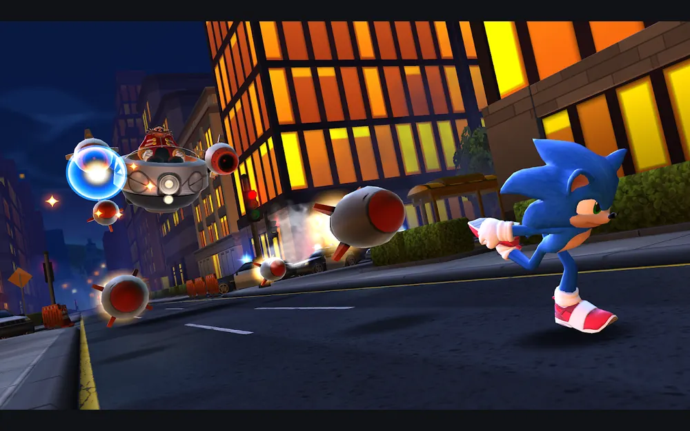 Perseguição nocturna pela cidade com o Dr. Eggman a atacar de cima numa nave