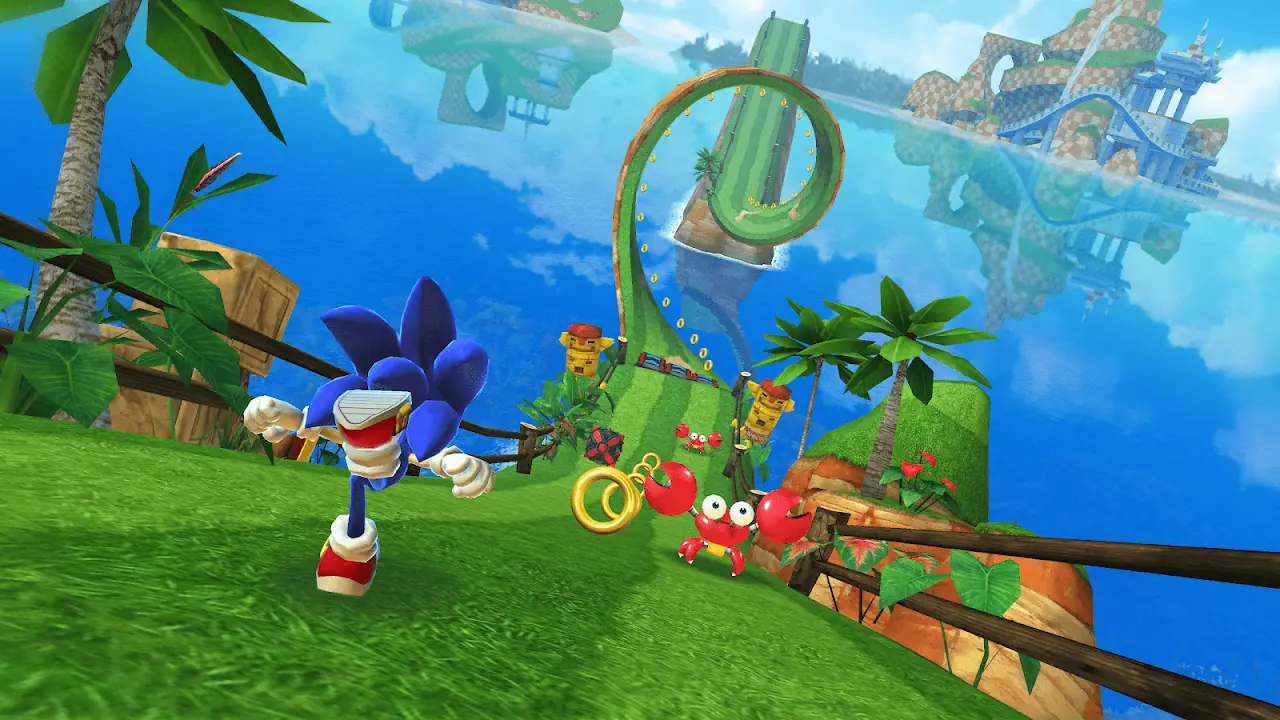 Sonic a correr por uma pista verde de Green Hill, com anéis e caranguejos vermelhos à frente